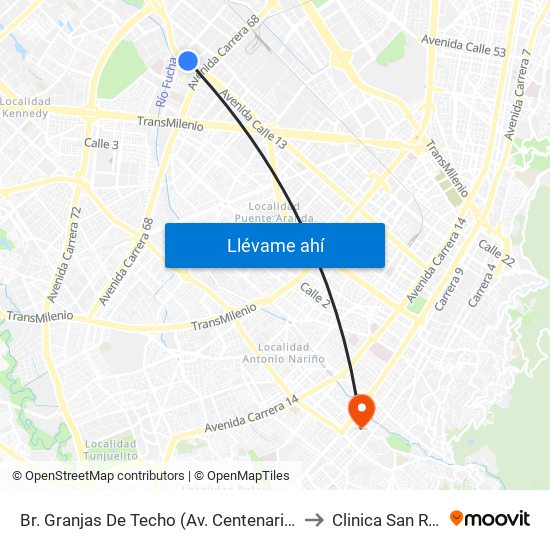 Br. Granjas De Techo (Av. Centenario - Kr 65) to Clinica San Rafael map