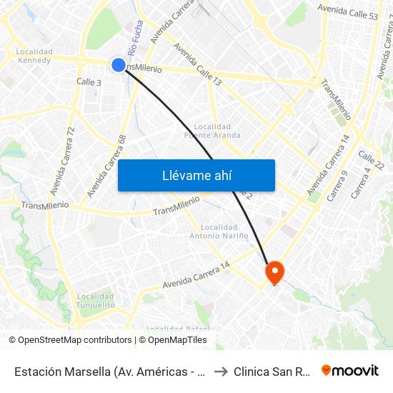 Estación Marsella (Av. Américas - Kr 69b) to Clinica San Rafael map