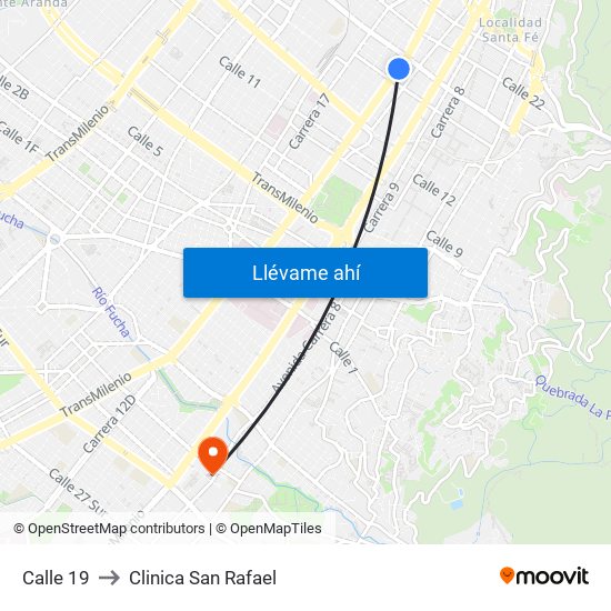 Calle 19 to Clinica San Rafael map