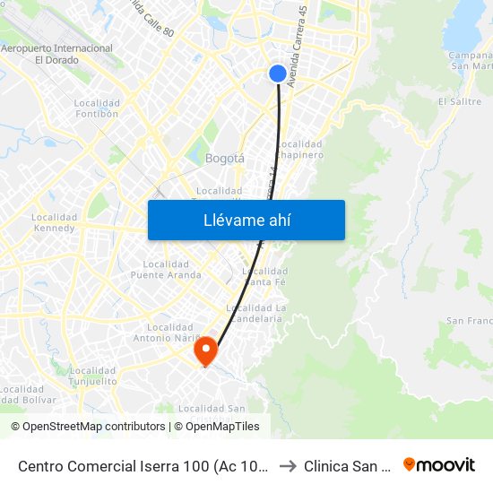 Centro Comercial Iserra 100 (Ac 100 - Kr 54) (B) to Clinica San Rafael map