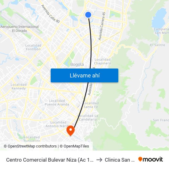 Centro Comercial Bulevar Niza (Ac 127 - Av. Suba) to Clinica San Rafael map