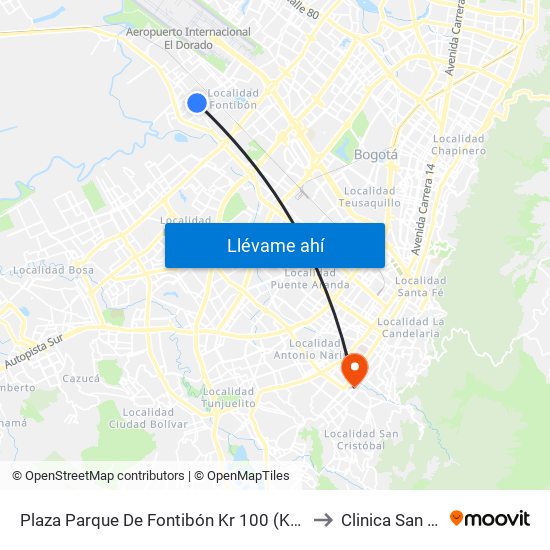 Plaza Parque De Fontibón Kr 100 (Kr 100 - Cl 17a) to Clinica San Rafael map