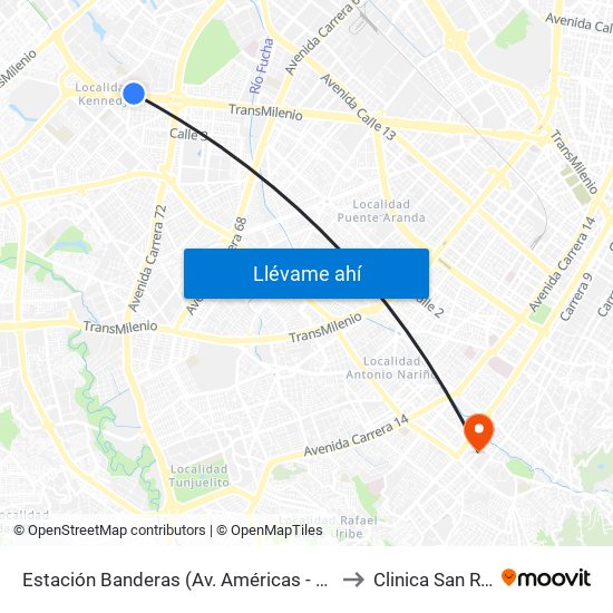 Estación Banderas (Av. Américas - Kr 78a) (A) to Clinica San Rafael map