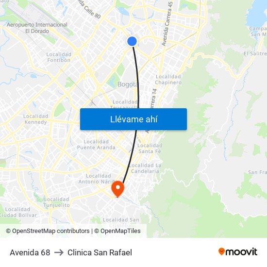 Avenida 68 to Clinica San Rafael map