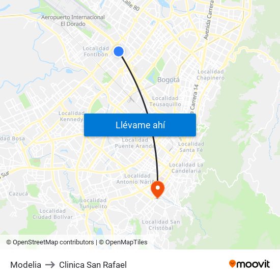 Modelia to Clinica San Rafael map