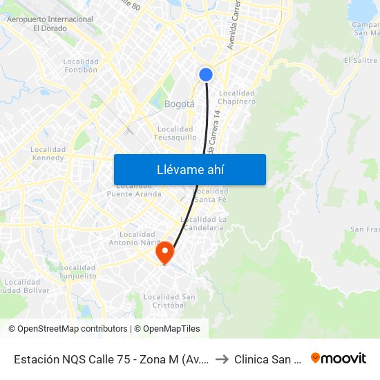 Estación NQS Calle 75 - Zona M (Av. NQS - Cl 75) to Clinica San Rafael map