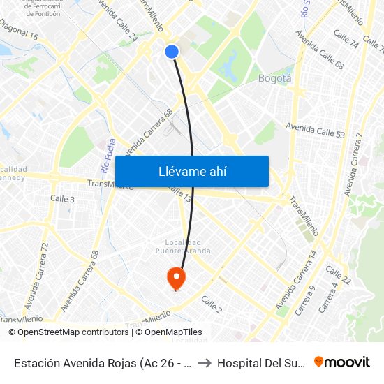 Estación Avenida Rojas (Ac 26 - Kr 69d Bis) (B) to Hospital Del Sur UPA 36 map