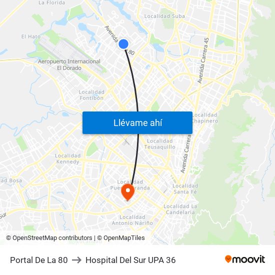 Portal De La 80 to Hospital Del Sur UPA 36 map