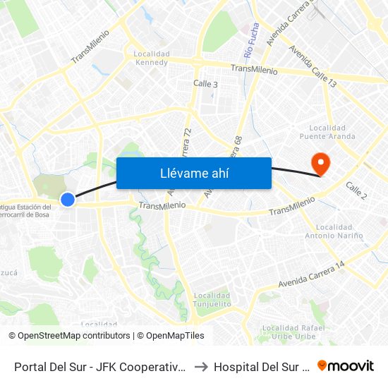 Portal Del Sur - JFK Cooperativa Financiera to Hospital Del Sur UPA 36 map