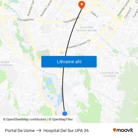 Portal De Usme to Hospital Del Sur UPA 36 map