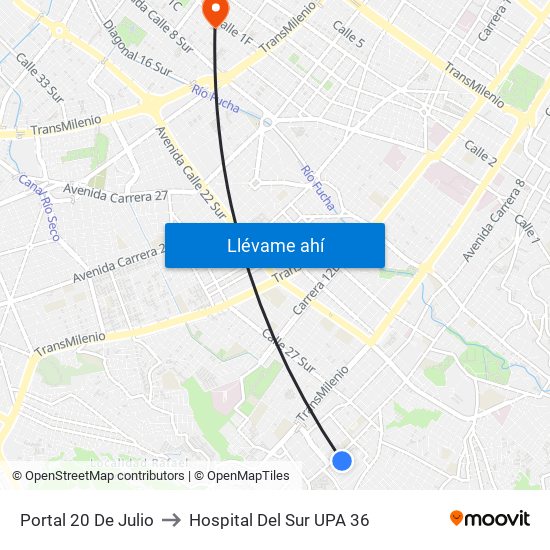 Portal 20 De Julio to Hospital Del Sur UPA 36 map