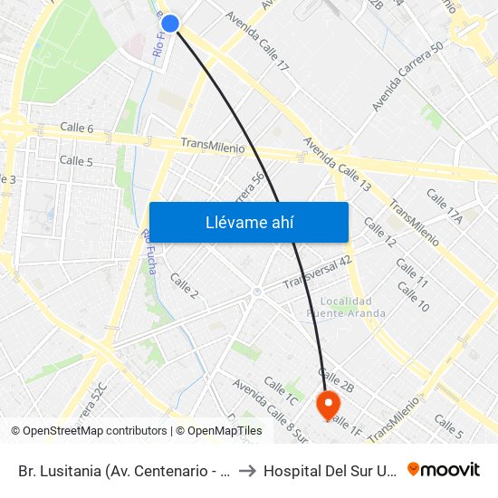 Br. Lusitania (Av. Centenario - Ak 68d) to Hospital Del Sur UPA 36 map