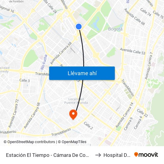 Estación El Tiempo - Cámara De Comercio De Bogotá (Ac 26 - Kr 68b Bis) to Hospital Del Sur UPA 36 map