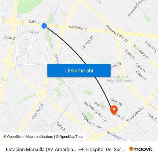 Estación Marsella (Av. Américas - Kr 69b) to Hospital Del Sur UPA 36 map