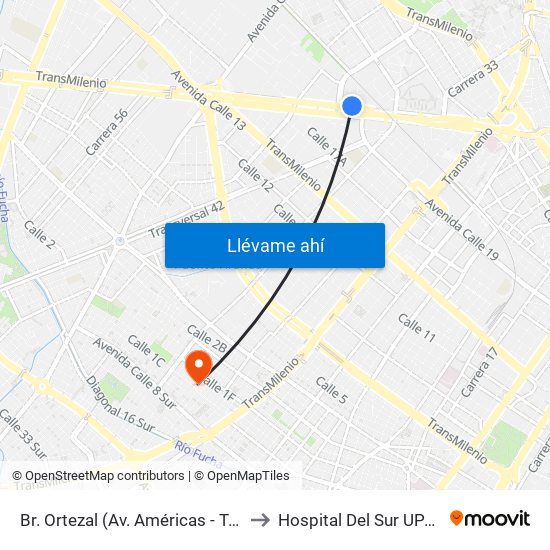 Br. Ortezal (Av. Américas - Tv 39) to Hospital Del Sur UPA 36 map