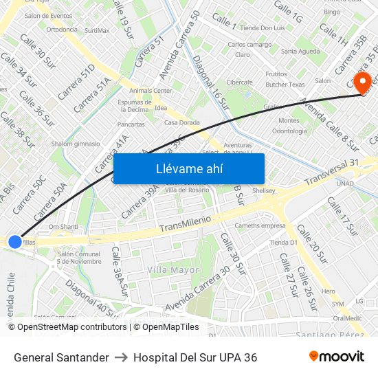 General Santander to Hospital Del Sur UPA 36 map