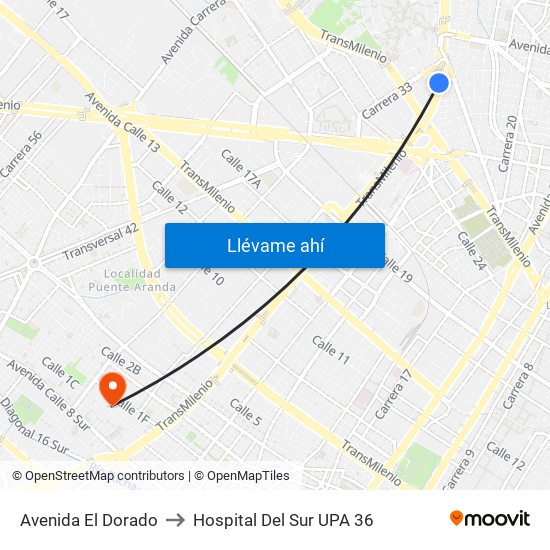 Avenida El Dorado to Hospital Del Sur UPA 36 map