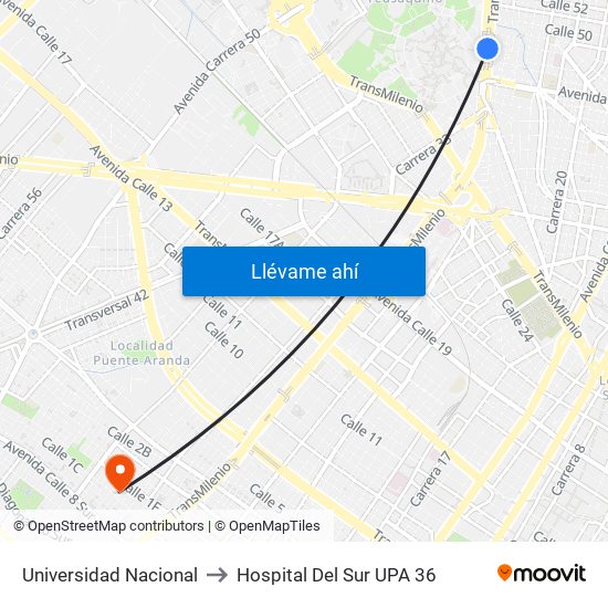 Universidad Nacional to Hospital Del Sur UPA 36 map