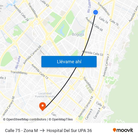 Calle 75 - Zona M to Hospital Del Sur UPA 36 map