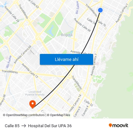 Calle 85 to Hospital Del Sur UPA 36 map