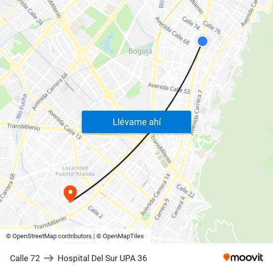 Calle 72 to Hospital Del Sur UPA 36 map