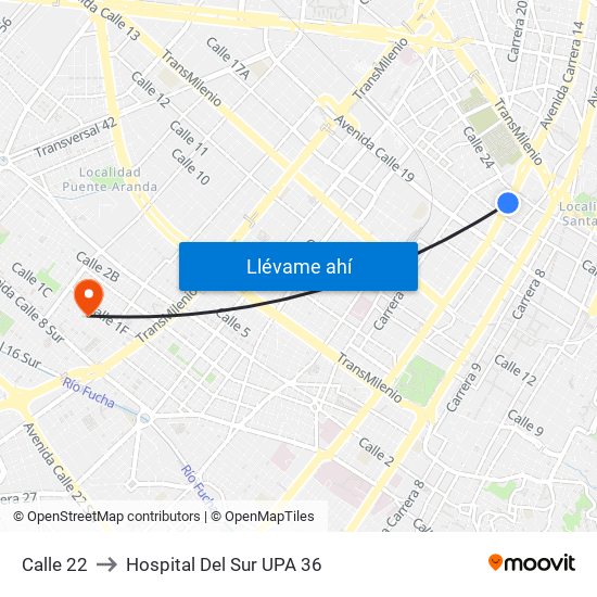 Calle 22 to Hospital Del Sur UPA 36 map