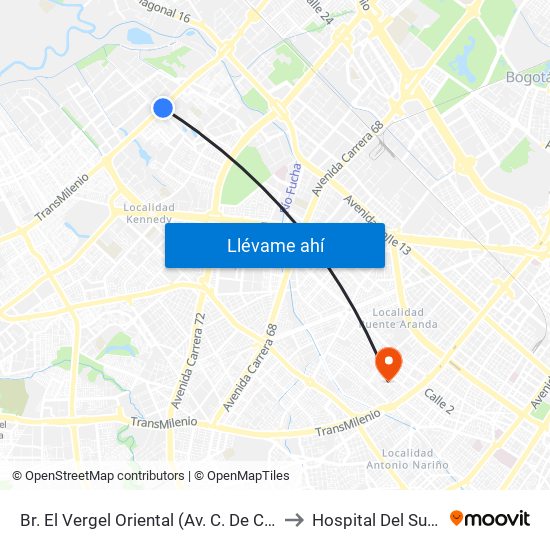 Br. El Vergel Oriental (Av. C. De Cali - Cl 10b) (A) to Hospital Del Sur UPA 36 map