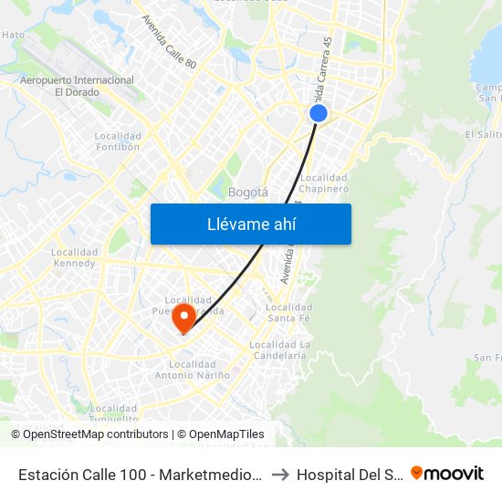 Estación Calle 100 - Marketmedios (Auto Norte - Cl 98) to Hospital Del Sur UPA 36 map