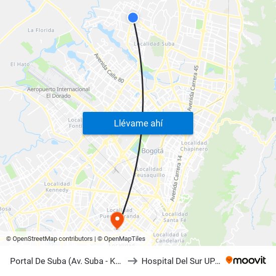 Portal De Suba (Av. Suba - Kr 106) to Hospital Del Sur UPA 36 map