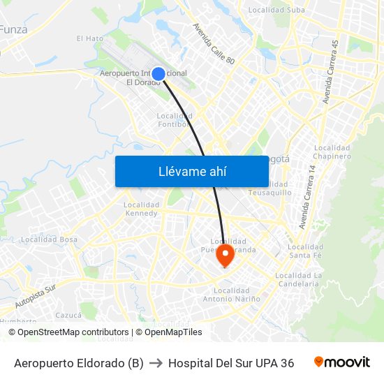 Aeropuerto Eldorado (B) to Hospital Del Sur UPA 36 map