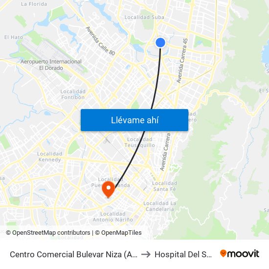 Centro Comercial Bulevar Niza (Ac 127 - Av. Suba) to Hospital Del Sur UPA 36 map