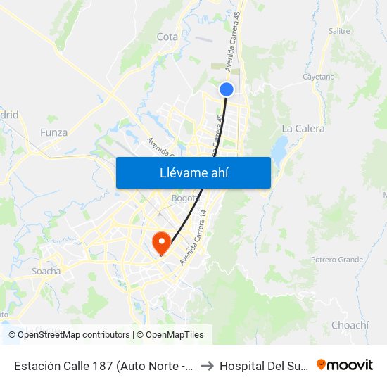 Estación Calle 187 (Auto Norte - Cl 187 Bis) (A) to Hospital Del Sur UPA 36 map