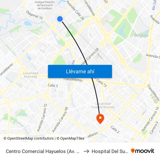 Centro Comercial Hayuelos (Av. C. De Cali - Cl 20) to Hospital Del Sur UPA 36 map