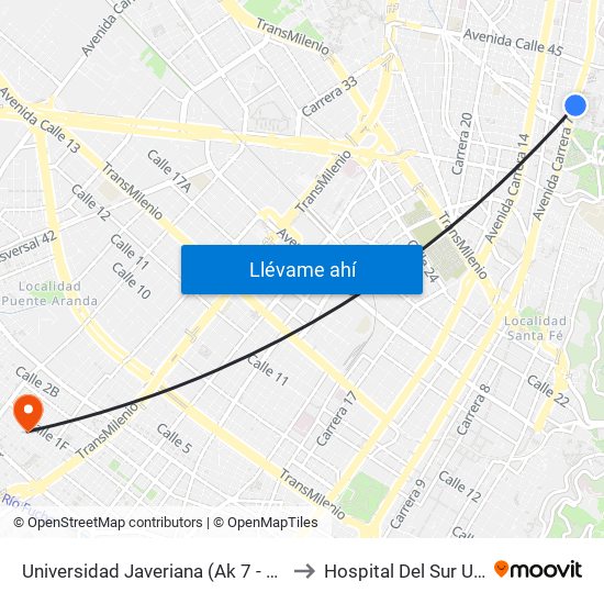 Universidad Javeriana (Ak 7 - Cl 40) (B) to Hospital Del Sur UPA 36 map