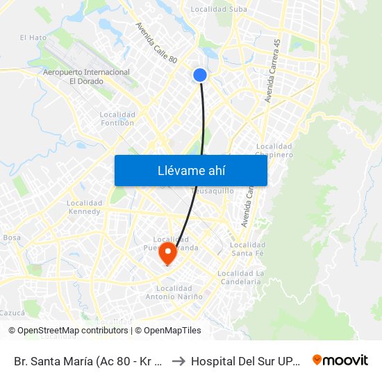 Br. Santa María (Ac 80 - Kr 73b) to Hospital Del Sur UPA 36 map