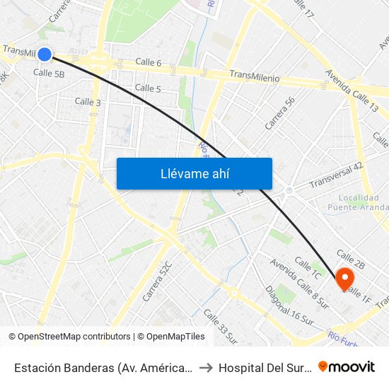 Estación Banderas (Av. Américas - Kr 78a) (A) to Hospital Del Sur UPA 36 map