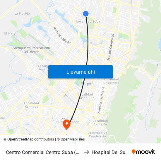 Centro Comercial Centro Suba (Av. Suba - Kr 91) to Hospital Del Sur UPA 36 map