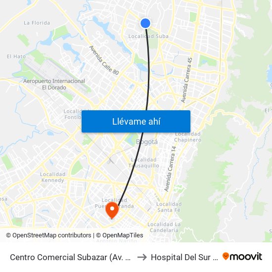 Centro Comercial Subazar (Av. Suba - Kr 91) to Hospital Del Sur UPA 36 map