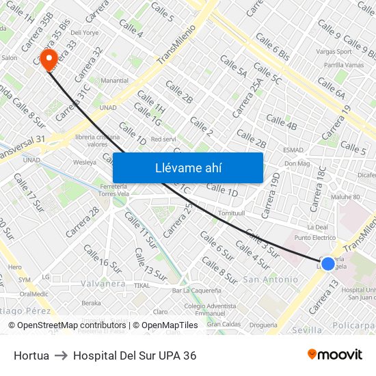 Hortua to Hospital Del Sur UPA 36 map