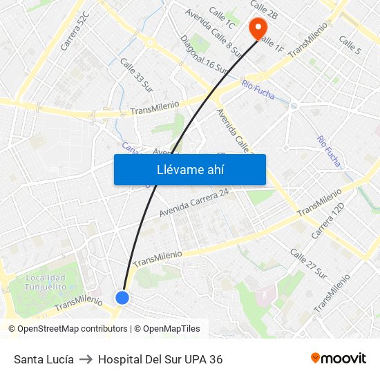 Santa Lucía to Hospital Del Sur UPA 36 map