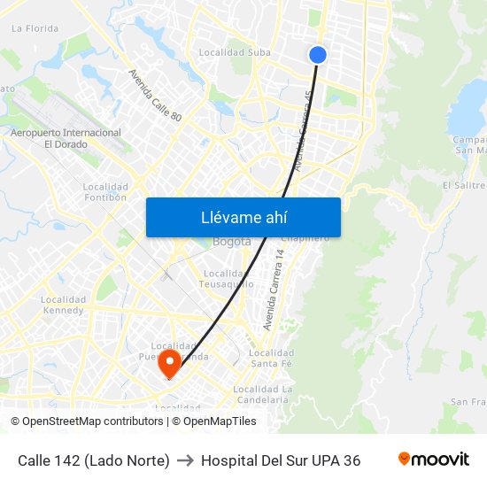 Calle 142 (Lado Norte) to Hospital Del Sur UPA 36 map