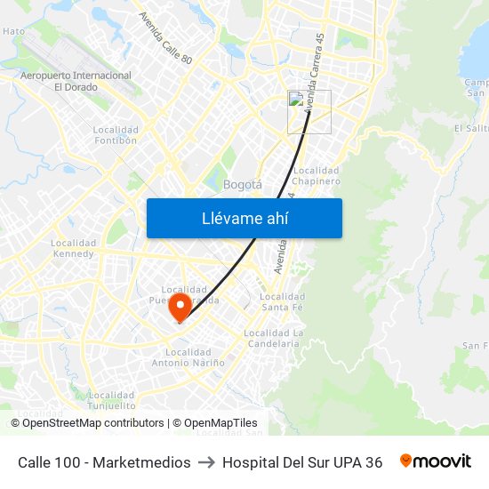 Calle 100 - Marketmedios to Hospital Del Sur UPA 36 map