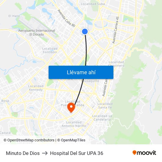 Minuto De Dios to Hospital Del Sur UPA 36 map