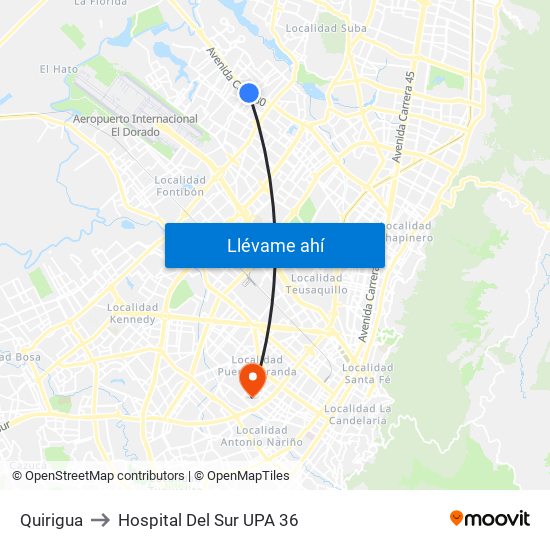 Quirigua to Hospital Del Sur UPA 36 map