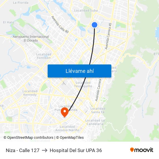 Niza - Calle 127 to Hospital Del Sur UPA 36 map