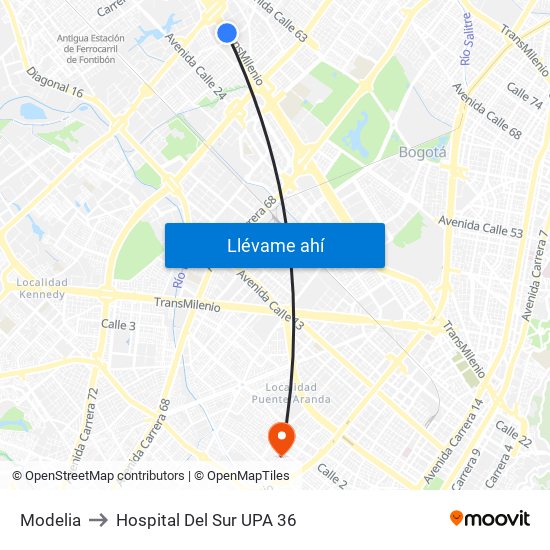 Modelia to Hospital Del Sur UPA 36 map