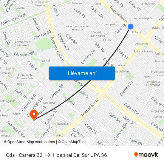 Cds - Carrera 32 to Hospital Del Sur UPA 36 map