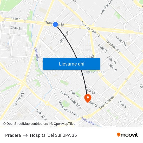 Pradera to Hospital Del Sur UPA 36 map