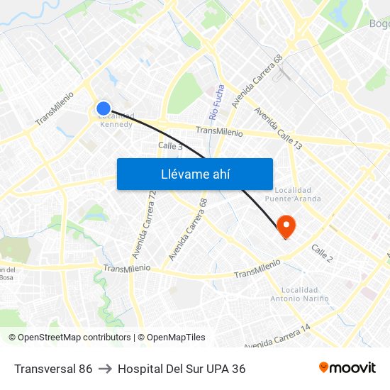 Transversal 86 to Hospital Del Sur UPA 36 map