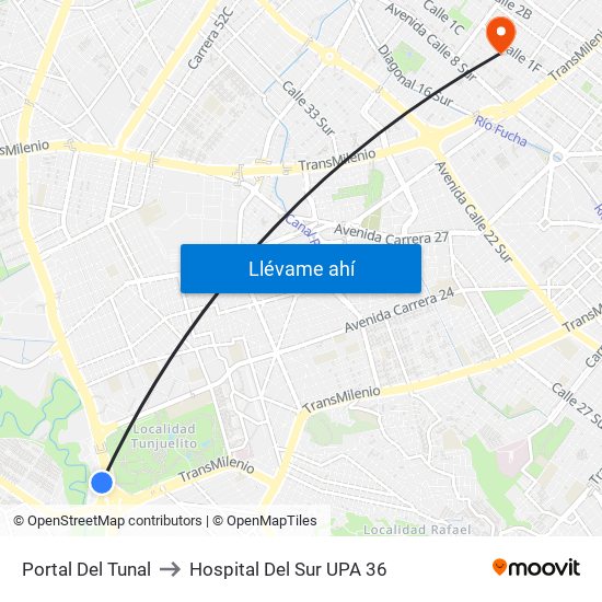 Portal Del Tunal to Hospital Del Sur UPA 36 map